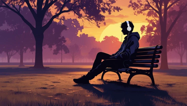 A silhouette sitting alone in an empty park, listening to Slowly Radio in living the slow life mode